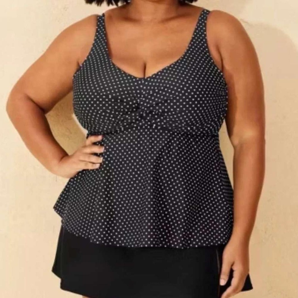 Shade & Shore Polka Dot Twist Front Tankini Top Black White Womens 22 Plus